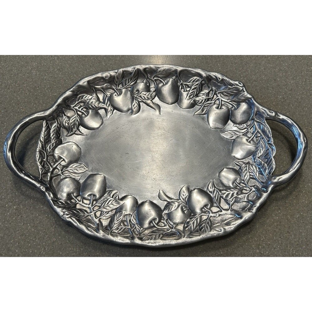 Vintage Arthur Court 17 X 11 Metallic Fruit Tray, Apple Pattern With Leaves